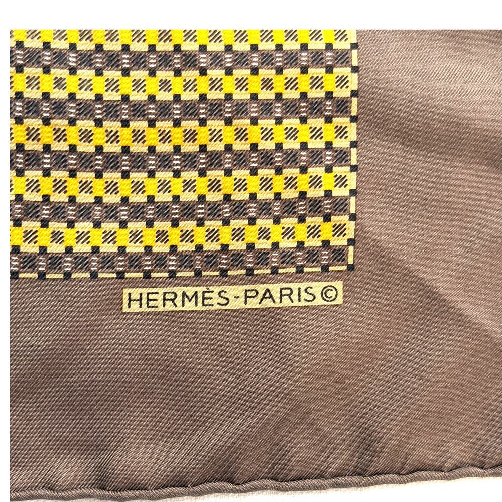 Vintage Hermes Paris Gold & Brown Geometric Design Silk Pocket Square - Pristine
